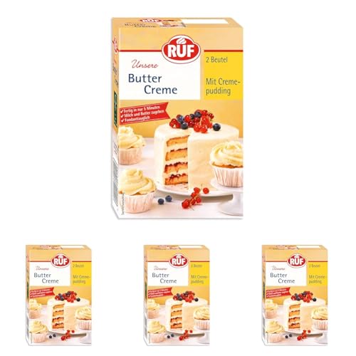 RUF Buttercreme mit Creme-Pudding, zum Eindecken & Garnieren von Torten & Cupcakes, fondant-tauglich, vielseitig anwendbar & glutenfrei, 2 x 70g (Packung mit 4) von RUF