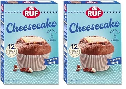 RUF Cheesecake-Muffins Backmischung, American Style Muffins mit cremiger Füllung, einfache Zubereitung, 12 Muffin-Förmchen inklusive (Packung mit 2) von RUF