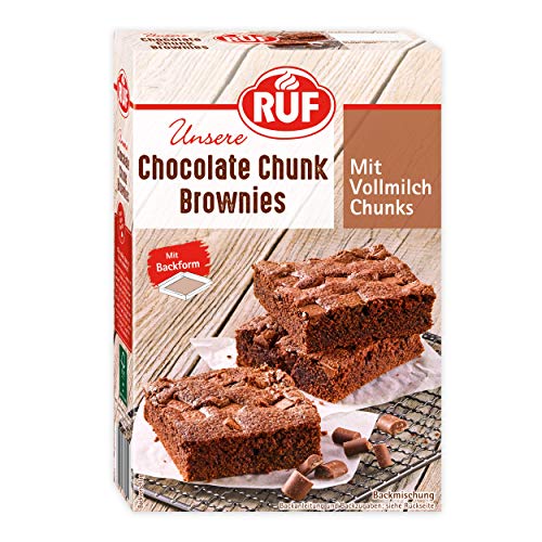 RUF Chocolate Chunk Brownies, Backmischung für saftig weiche Brownies mit Vollmilch-Schokostückchen, inkl. Backform, 1x410g von RUF