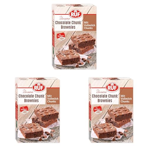 RUF Chocolate Chunk Brownies, Backmischung für saftig weiche Brownies mit Vollmilch-Schokostückchen, inkl. Backform, 1x410g (Packung mit 3) von RUF