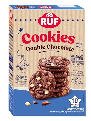 RUF Double Chocolate Cookies, Backmischung für Schoko-Kekse, American Style mit triple Schoko-Stückchen Chunks, innen chewy, außen knusprig, 10 Cookies, 360 g von RUF