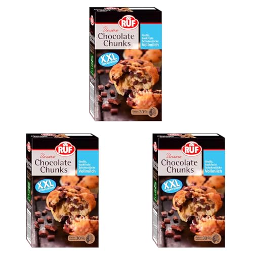 RUF Chocolate Chunks Vollmilch, backfeste Schokoladen-Tropfen, XXL Schoko-Drops zum Backen, Schoko-Stücke für Muffins & Brownies, glutenfrei, 1 x 100g (Packung mit 3) von RUF