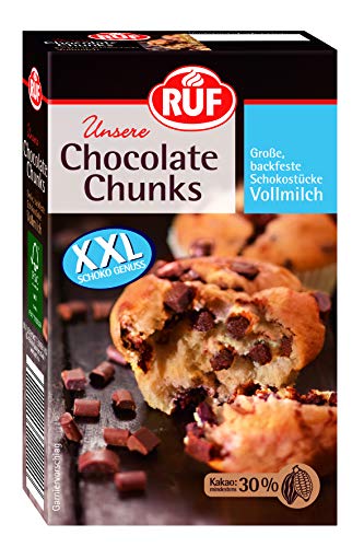 RUF Chocolate Chunks Vollmilch, backfeste Schokoladen-Tropfen, XXL Schoko-Drops zum Backen, Schoko-Stücke für Muffins & Brownies, glutenfrei, 1 x 100g von RUF