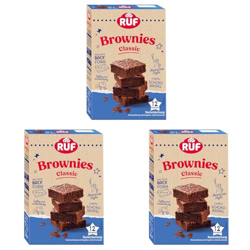 RUF Classic Brownies, Backmischung für saftig schokoladige Chocolate-Brownies im American Style mit Schoko-Raspel, inkl. Backform, 12 Brownies, 366g (Packung mit 3) von RUF