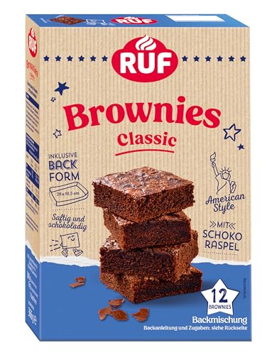 RUF Classic Brownies, Backmischung für saftig schokoladige Chocolate-Brownies im American Style mit Schoko-Raspel, inkl. Backform, 12 Brownies, 366g von RUF