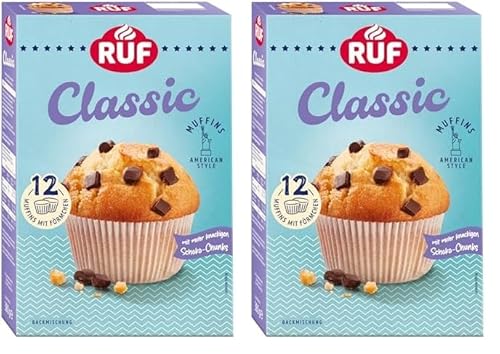 RUF Classic Muffins Backmischung, helle American Style Muffins mit Schoko-Chunks, einfache Zubereitung, 12 Muffin-Förmchen inklusive (Packung mit 2) von RUF