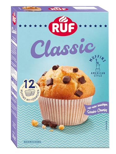 RUF Classic Muffins Backmischung, helle American Style Muffins mit Schoko-Chunks, einfache Zubereitung, 12 Muffin-Förmchen inklusive von RUF