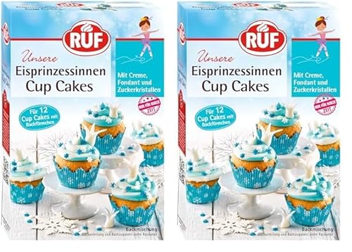 RUF Cupcakes für Eis-Prinzessinen und Prinzen, mit Torten-Creme in eisblau, Zucker-Eiskristallen und Fondant für Zuckerkronen, inkl. 12 Backförmchen, 1 x 391g (Packung mit 2) von RUF