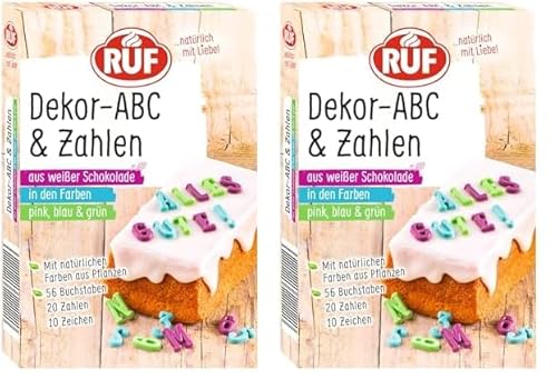 RUF Dekor ABC-Buchstaben und Zahlen, aus weißer Schokolade mit natürlichen Farben aus Lebensmitteln, in grün, pink und blau, glutenfrei, 1x32g (Die Verpackung kann variieren) (Packung mit 2) von RUF