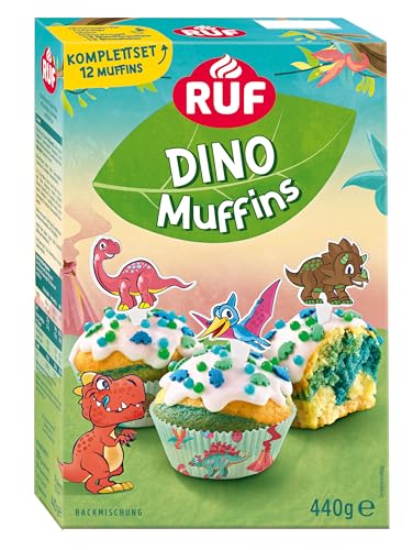 RUF Dino Muffins Komplettset Backmischung für dreifarbige Muffins mit Zuckerglasur, bunten Dino-Streuseln und Motiv-Pickern, lustiger Backspaß mit Kindern, ideal für Geburtstage, inkl. Förmchen von RUF