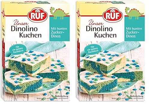 RUF Dinolino Kuchen, dreifarbiger Blechkuchen Zitronen-Geschmack mit Zuckerglasur und bunten Dino-Streuseln, perfekt für Kindergeburtstage und Babyshower-Partys, 850g (Packung mit 2) von RUF