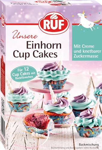 RUF Einhorn Cupcakes, Backmischung für 12 Törtchen mit bunter Tortencreme und weißem Fondant für ein Zucker-Einhorn, inkl. Einhorn Muffinförmchen von RUF