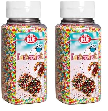 RUF Farbenfrohe Nonpareilles, Zucker-Perlen, Streu-Dekor in bunten Farben, Mini Zucker-Kugeln zum Verzieren von Eis, Torten & Muffins, 1 x 165g (Packung mit 2) von RUF