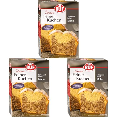 RUF Feiner Mohnkuchen, Backmischung für einen Rührkuchen mit herzhafter Mohnfüllung und Puderzucker, kann auch mit Früchten verfeinert werden, 1x465g (Packung mit 3) von RUF