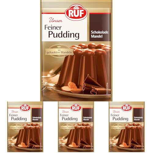 RUF Feiner Pudding Schokolade-Mandel, extra schokoladig und mit gehackten Mandeln, glutenfrei und vegan, nur mit Milch und Zucker aufkochen, 3x50g (Packung mit 4) von RUF