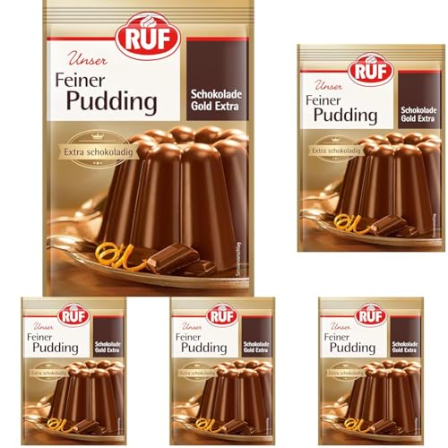 RUF Feiner Pudding Schokolade mit herzhaftem Kakao Aroma, extra schokoladig, glutenfrei und vegan, nur mit Milch und Zucker aufkochen, 3x46g (Packung mit 5) von RUF