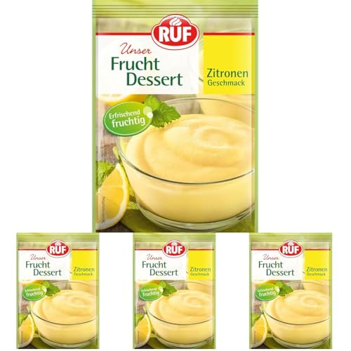 RUF Frucht-Dessert Zitrone, fruchtig erfrischender Nachtisch mit Zitronen-Geschmack, Dessert mit Wasser zubereitet, glutenfrei, 3 x 44g (Packung mit 4) von RUF