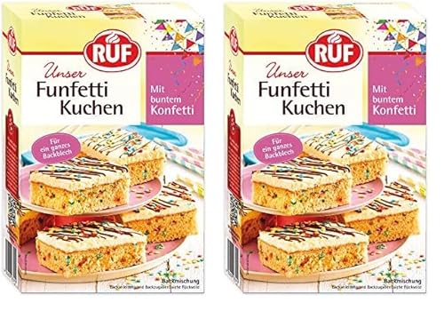 RUF Funfetti-Blechkuchen mit bunten Konfetti-Streuseln, Vanille-Creme und kakaohaltiger Pflanzenfett-Glasur mit Vollmilchpulver, 1 x 750g (Packung mit 2) von RUF