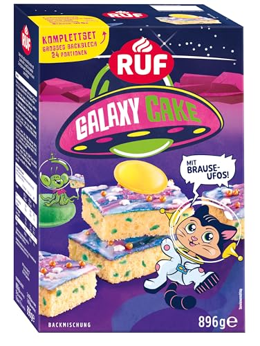 RUF Galaxy Cake Komplettset Backmischung für einen großen Blechkuchen mit bunter Glasur, Streuseln und süß-sauren Brause-Ufos, lustiger Backspaß mit Kindern, ideal für Geburstage von RUF