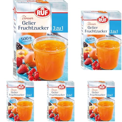 RUF Gelier-Fruchtzucker 3 zu 1, Gelierpulver und Zucker kombiniert, nur Früchte oder Fruchtsaft hinzufügen, Geliermittel glutenfrei & vegan, 1 x 500g (Packung mit 5) von RUF