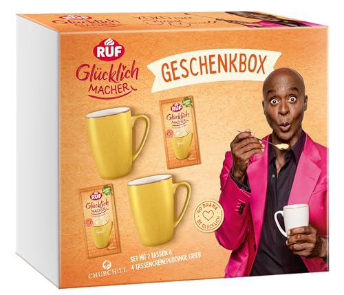 RUF Glücklichmacher Geschenkbox mit 2 hochwertigen Churchill Tassen und 4 Grieß-Tassenpuddingen von RUF