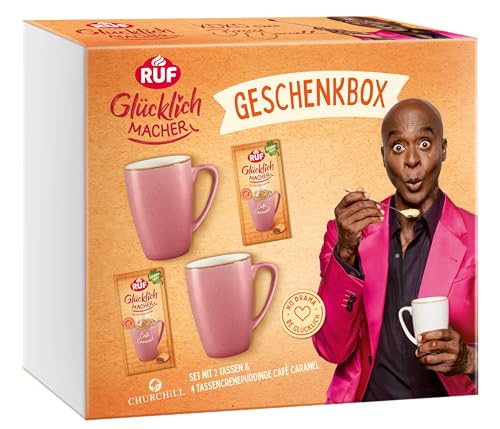 RUF Glücklichmacher Geschenkbox mit 2 hochwertigen Churchill Tassen und 4 Café Caramel-Tassenpuddingen von RUF