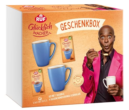 RUF Glücklichmacher Geschenkbox mit 2 hochwertigen Churchill Tassen und 4 Schoko-Tassenpuddingen von RUF