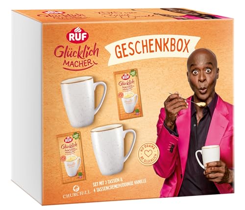 RUF Glücklichmacher Geschenkbox mit 2 hochwertigen Churchill Tassen und 4 Vanille-Tassenpuddingen von RUF