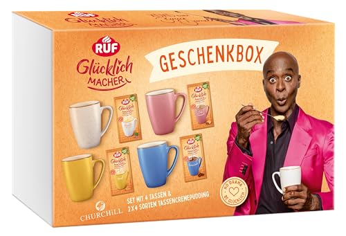 RUF Glücklichmacher Geschenkbox mit 4 hochwertigen Churchill Tassen und 8 Tassenpuddingen von RUF