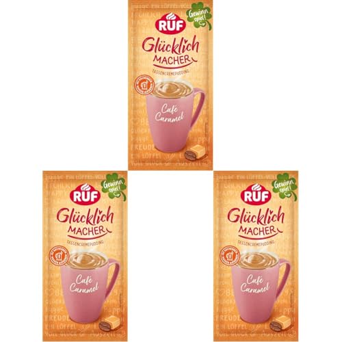 RUF Glücklichmacher Tassenpudding Café Caramel, Cremepudding für schnelle Desserts, Tassencremepudding, nur Wasser hinzufügen, 1 x 59g Beutel (Packung mit 3) von RUF