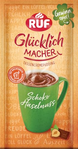 RUF Glücklichmacher Tassenpudding Schoko Haselnuss, Schokopudding mit knackigen Haselnuss Stückchen, Tassencremepudding, nur Wasser hinzufügen, 1 x 59g Beutel von RUF