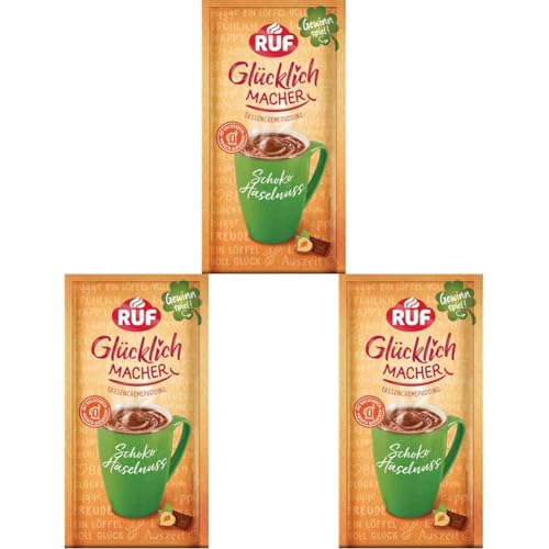 RUF Glücklichmacher Tassenpudding Schoko Haselnuss, Schokopudding mit knackigen Haselnuss Stückchen, Tassencremepudding, nur Wasser hinzufügen, 1 x 59g Beutel (Packung mit 3) von RUF