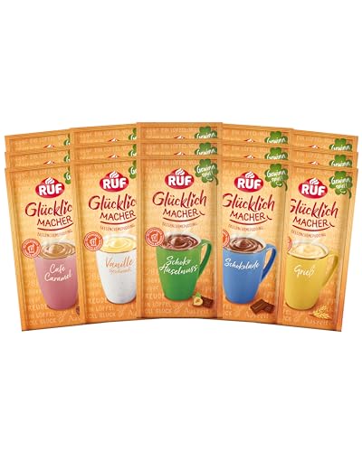 RUF Glücklichmacher Tassenpudding Set (15 x 59 g Beutel), Set aus den Sorten Vanille, Schokolade, Grieß, Café Caramel und Schoko Haselnuss, instant Puddingpulver für schnelle Desserts von RUF