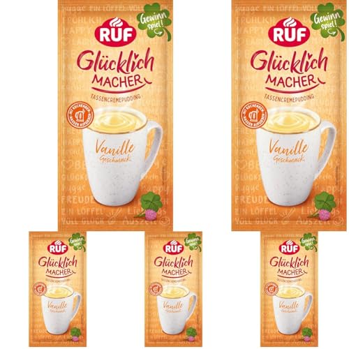 RUF Glücklichmacher Tassenpudding Vanille-Geschmack, Cremepudding für schnelle Desserts, Tassencremepudding, nur Wasser hinzufügen, 1 x 59g Beutel (Packung mit 5) von RUF