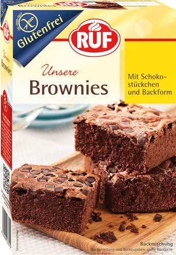 RUF Glutenfreie Brownies Backmischung für American Chocolate Brownie mit Schokostücken inkl. Backform, Zöliakie geeignet, vegan von RUF