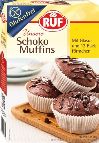 RUF Glutenfreie Muffins Schoko mit Kakaoglasur, Backmischung für schokoladige American Style Muffins, Zöliakie geeignet, inkl. 12 Muffinförmchen von RUF