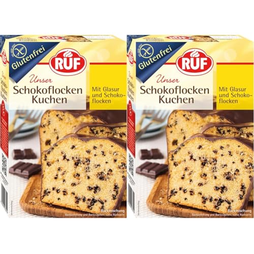 RUF Glutenfreier Schokoflocken-Kuchen mit Kakaoglasur und Schoko-Stückchen, fluffig und schokoladig, glutenfreier Kuchen, Zöliakie geeignet (Packung mit 2) von RUF