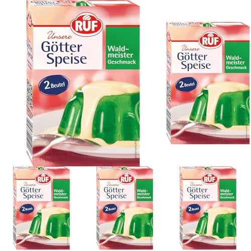 RUF Götterspeise Waldmeister, grüner Wackelpudding, Pulver für Götterspeise, einfache Zubereitung, nur Wasser & Zucker hinzufügen (Packung mit 5) von RUF