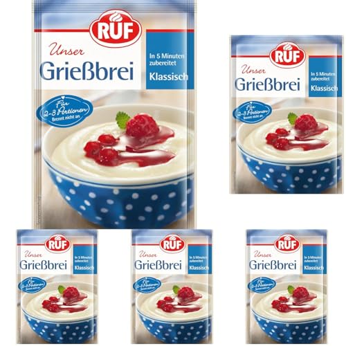 RUF Griessbrei Klassische Art, 2-3 Portionen, fertig in nur 5 Minuten als Dessert, Zwischenmahlzeit oder süße Hauptspeise (Packung mit 5) von RUF