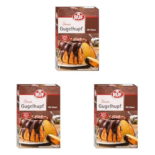 RUF Gugelhupf Backmischung für einen extra saftigen und lockeren Rührteig mit knackiger Kakao-Glasur, schnelle und einfache Zubereitung, 1x550g (Packung mit 3) von RUF