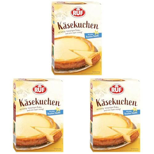 RUF Käsekuchen Backmischung, Cheesecake mit knusprigem Streuselteig, super cremiger Kuchen mit echter Bourbon-Vanille, einfache Zubereitung, 1 x 570g (Packung mit 3) von RUF