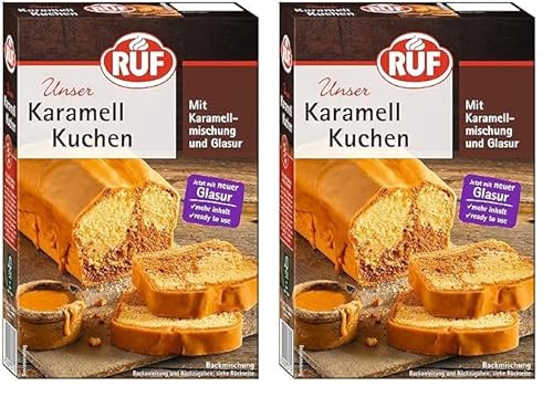 RUF Karamell-Kuchen, Grundbackmischung für einen Marmor-Kuchen mit Karamellgeschmack und Karamellglasur, extra saftig und locker (Packung mit 2) von RUF