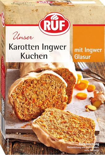 RUF Karotten-Ingwer-Kuchen, Backmischung für einen saftigen Karottenkuchen mit frischen Möhren und fruchtiger Ingwer-Zuckerglasur, vegan von RUF