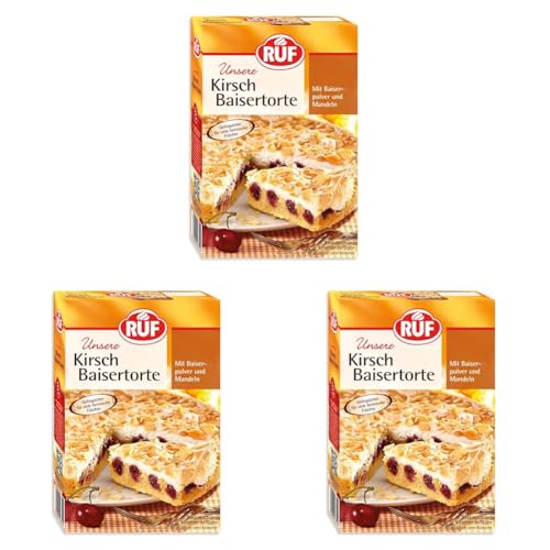 RUF Kirsch-Baiser-Torte, Backmischung für eine Baiser-Torte mit Kirschen oder Stachelbeeren und Mandeln, mit gelingsicherem Baiser-Pulver, 1 x 350g (Packung mit 3) von RUF