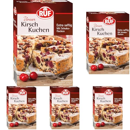 RUF Kirschkuchen, Backmischung für einen saftigen Rührkuchen mit Früchten und Schokoflocken (Packung mit 5) von RUF