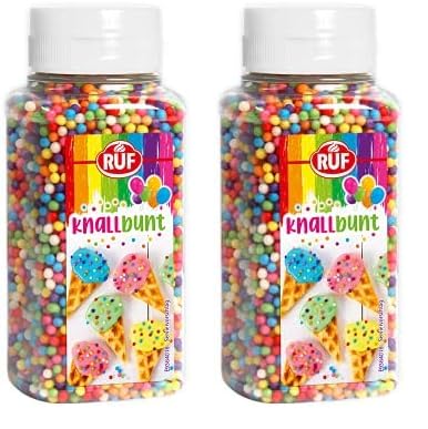 RUF Knallbunte Knusper-Kugeln, essbares Streu-Dekor in knallbunten Farben, bunte Crispies zum Verzieren von Eis, Kuchen, Torten & Muffins, 1 x 125g (Packung mit 2) von RUF