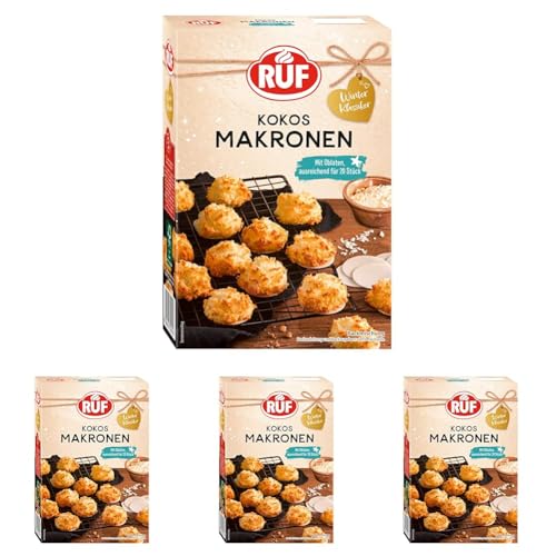 RUF Kokos Makronen, winterlicher Klassiker, außen knusprig und innen saftig, mit Back-Oblaten für die fluffige Masse aus Kokosraspeln, für 20 Plätzchen, vegan, 1x385g (Packung mit 4) von RUF