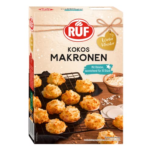 RUF Kokos Makronen, winterlicher Klassiker, außen knusprig und innen saftig, mit Back-Oblaten für die fluffige Masse aus Kokosraspeln, für 20 Plätzchen, vegan, 1x385g von RUF