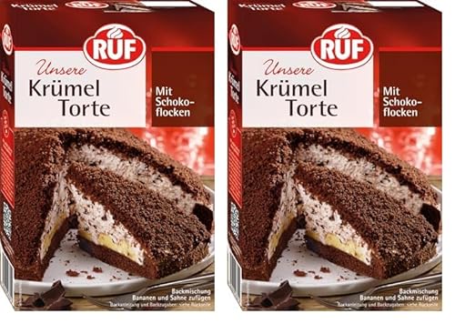 RUF Krümeltorte, Torten-Backmischung für einen schokoladigen Maulwurfkuchen mit Sahnefüllung, Schokoladenflocken und Bananen (Packung mit 2) von RUF