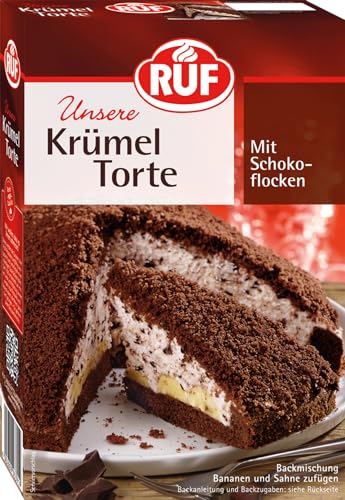 RUF Krümeltorte, Torten-Backmischung für einen schokoladigen Maulwurfkuchen mit Sahnefüllung, Schokoladenflocken und Bananen von RUF